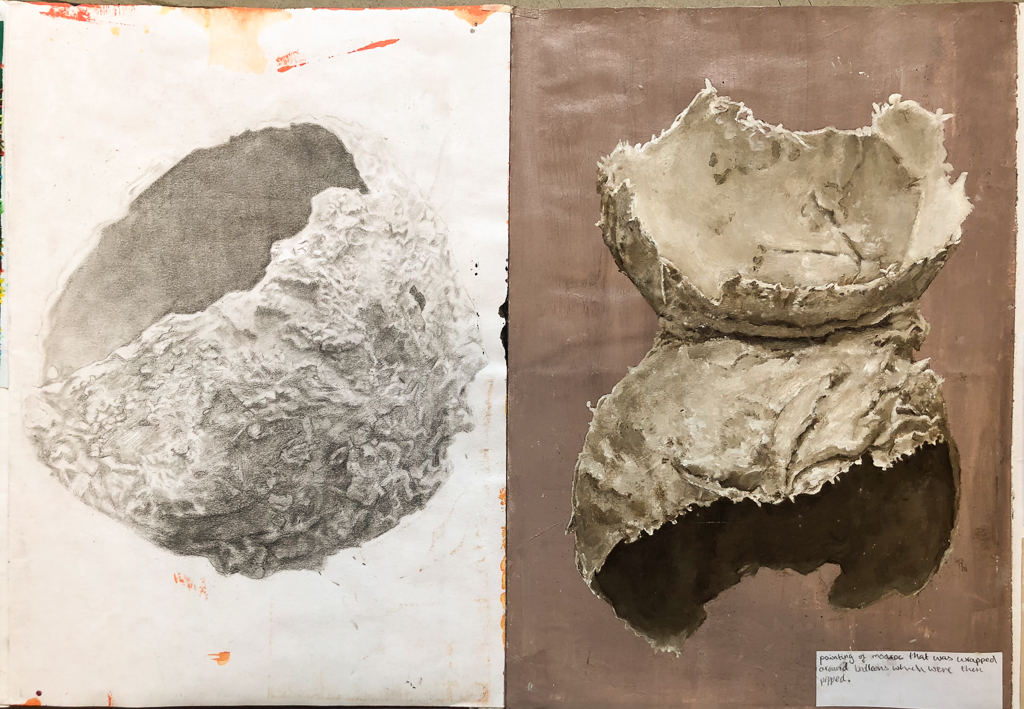 Study of textured plaster casts. Pencil and oils.
