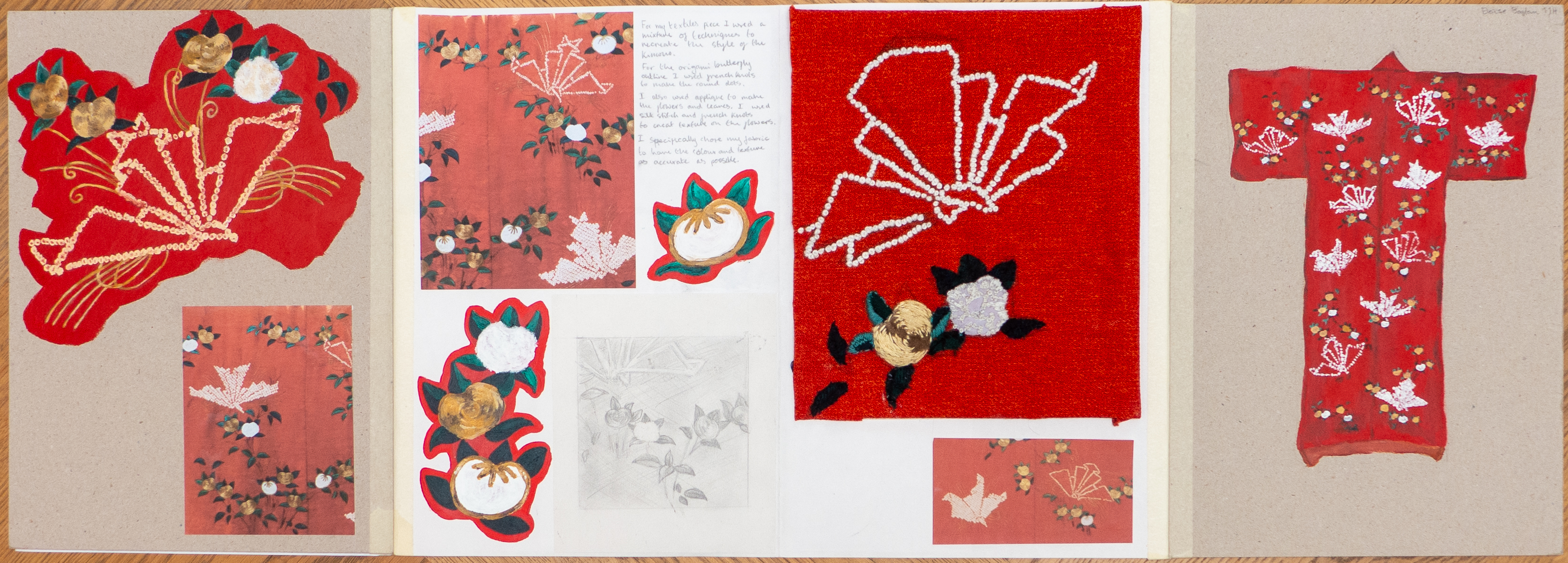 Red kimono study of a V&A piece in acyrlic and embroidery.